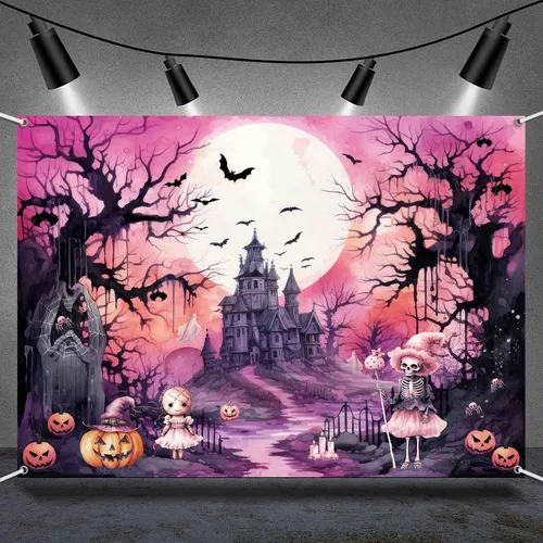Vista 2 de Pancarta de fondo rosa de Halloween, bruja espeluznante, decoración de fiesta de cumpleaños de Halloween, fantasma rosa y negro, decoración de pared