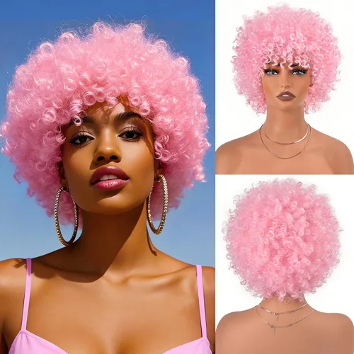 Vista 51 de Vitorish Peluca corta afro rizada con flequillo para mujeres negras, peluca sintética resistente al calor, color negro natural, para uso diario