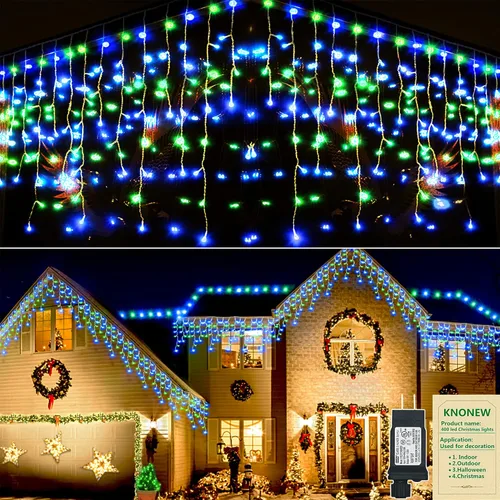 Vista 9 de Guirnalda de 400 luces LED con 75 gotas, de 33 pies, 8 modos de funcionamiento, de alambre transparente para decoración al aire libre, 400 modos