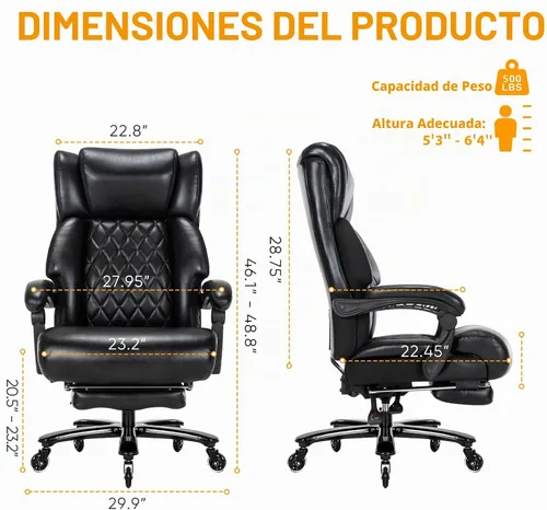 Vista 3 de Silla de oficina ejecutiva grande y alta, 500 libras, silla de escritorio de piel sintética resistente, altura ajustable de 90° a 155°, silla