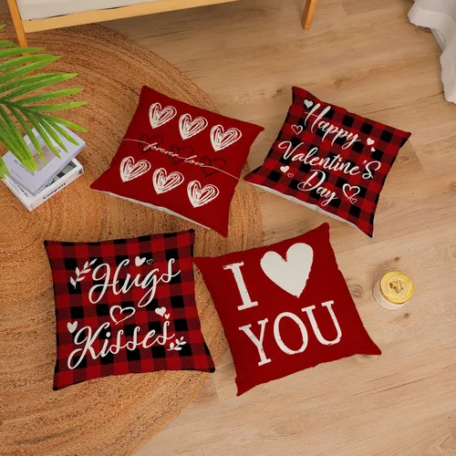 Vista 2 de Juego de 4 fundas de almohada de 16 x 16 pulgadas, diseño de corazón rojo con diseño de corazón de amor, fundas de almohada de aniversario de boda