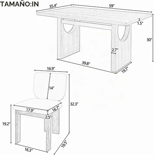 Vista 6 de Merax Juego de mesa de comedor de madera para 6, mesa rectangular/sillas tapizadas/diseño geométrico retro, ideal para comedor y cocina, natural
