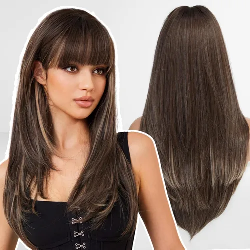 Vista 8 de Pelucas rubias cenizas para mujer, peluca larga recta en capas con flequillo, cabello sintético natural con raíces oscuras