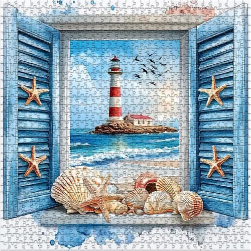 Vista 2 de PICKFORU Rompecabezas de playa para adultos de 1000 piezas, rompecabezas de faro con arte de ventana 3D y conchas marinas, rompecabezas únicos