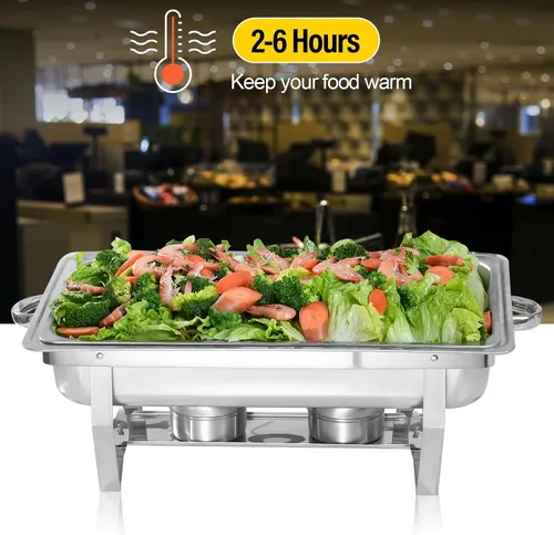 Vista 4 de Juego de 2 platos para bufé, de acero inoxidable, rectangular, tamaño matrimonial, 8 cuartos de galón y calentador de buffet para catering, juego