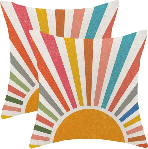 Vista 8 de AEIOAE Summer Sunshine - Juego de 2 fundas de almohada de 16 x 16 pulgadas, diseño de rayas amarillas, diseño bohemio, arco iris, sol