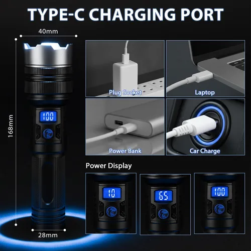 Vista 3 de Linternas Recargables Paquete de 2, Linterna LED Recargable USB-C con Enfoque de Zoom, Linterna de Emergencia Brillante para Cortes de Energía