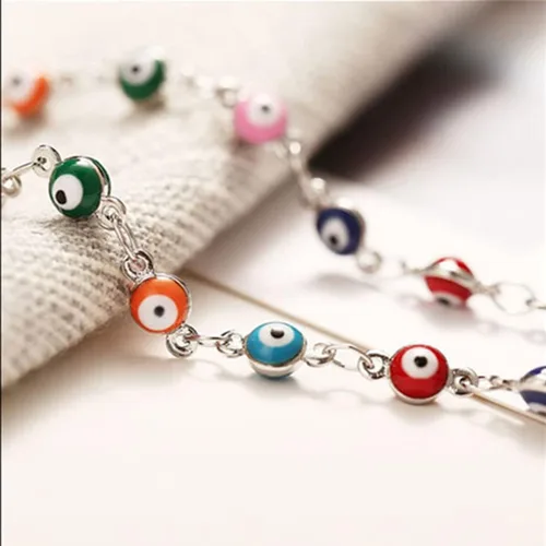 Vista 7 de Tobillera de ojo malvado de plata con cuentas de mal de ojo, joyería de pie de moda para la playa para mujer, Plata
