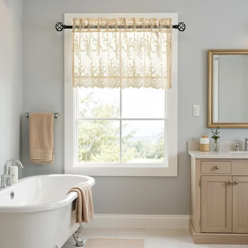 Vista 6 de Kotile - Cenefa de encaje beige para ventanas de estilo rústico campestre con diseño floral de vid, fondo ondulado, cenefa transparente de encaje