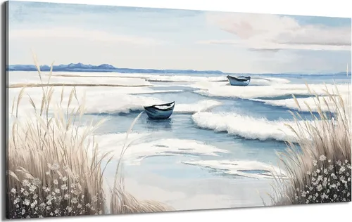 Vista 16 de Arte de pared para baño, decoración costera, barco náutico en la playa, lienzo con imagen de gaviota del océano, paisaje marino, arte de granja