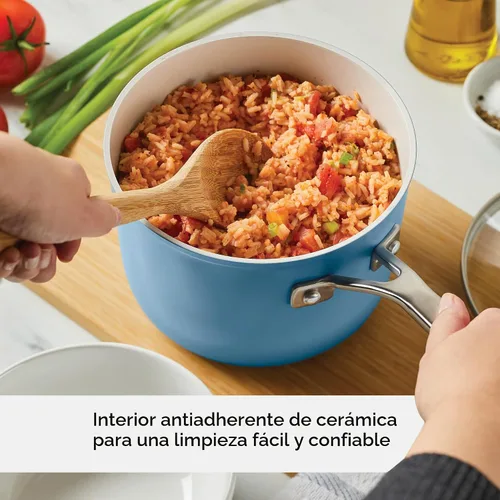 Vista 4 de KitchenAid Sartén antiadherente de cerámica anodizada dura con tapa, 3 cuartos de galón, terciopelo azul Azul terciopelo