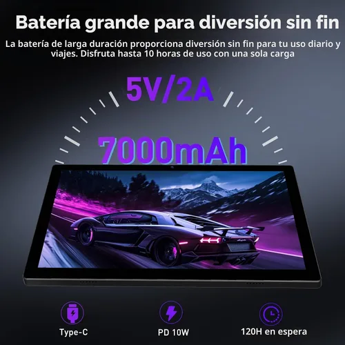 Vista 4 de Tablet Android de 10.1 pulgadas, 8 GB + 128 GB, 2 en 1 negro con kit de Octa-Core, expansión de 1 TB, cámara de 13 MP+8 MP, batería de 7000 mAh