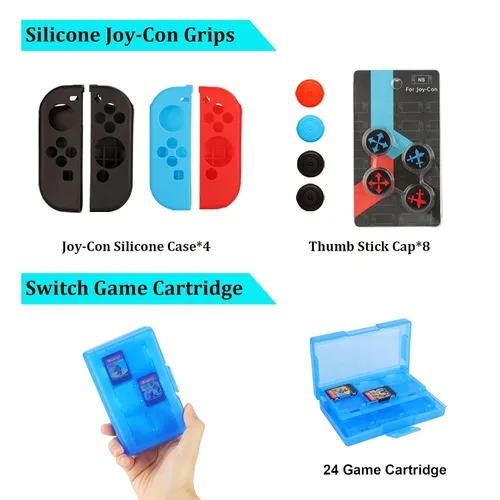 Vista 8 de Switch Accessories Bundle for Nintendo Switch Games Kit with Carrying Case Steering Wheels Screen Protectors Charging Dock Grips Caps 23 in 1