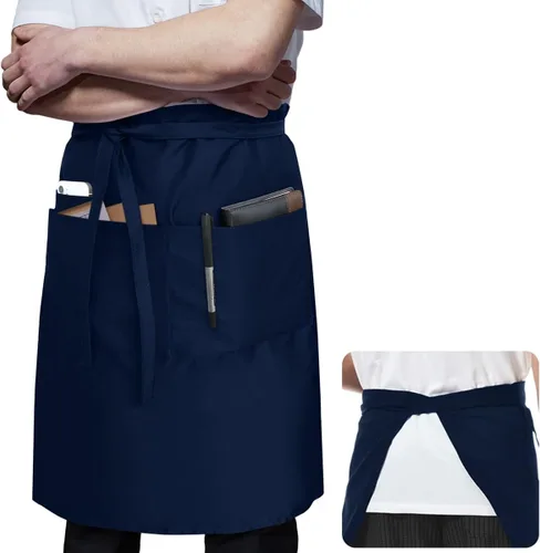 Vista 7 de ROTANET Delantal largo negro con 3 bolsillos, delantales de medio delantal para hombres y mujeres, camarera chef, 28 pulgadas, impermeable