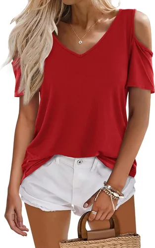 Vista 3 de Amoretu Camisas de manga corta para mujer, con hombros descubiertos, cuello en V, túnica
