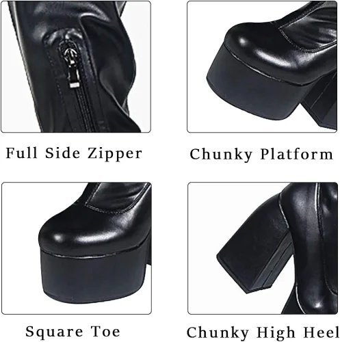 Vista 5 de AMINUGAL Womens Over The Knee Boots Platform Chunky Block High Heel Round Toe Zip Tight High Boots Gothic Punk Motorcycle Combat Boots