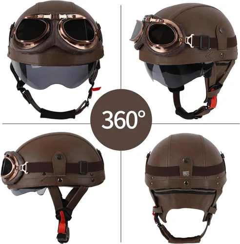 Vista 3 de Cascos de Motocicleta de Estilo Alemán, Medio Casco de Cuero Retro, Aprobado por el DOT, para Adultos, Hombres y Mujeres, Casco de Media Cara Marrón