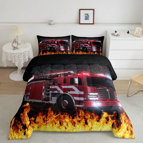 Vista 25 de Erosebridal Juego de edredón de camión de bomberos para niños, juego de ropa de cama de panal rojo brillante con diseño de panal de abeja