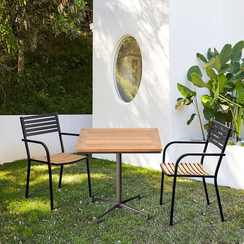 Vista 2 de Mesa de comedor cuadrada de madera maciza de teca para interiores y exteriores, de 27.5 x 27.5 pulgadas, con patas de metal para jardín, patio