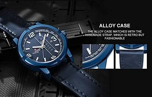Vista 5 de NAVIFORCE Date Quartz Men Casual Militar Sports Japón Movimiento de cuarzo Relojes de pulsera de cuero genuino (azul)