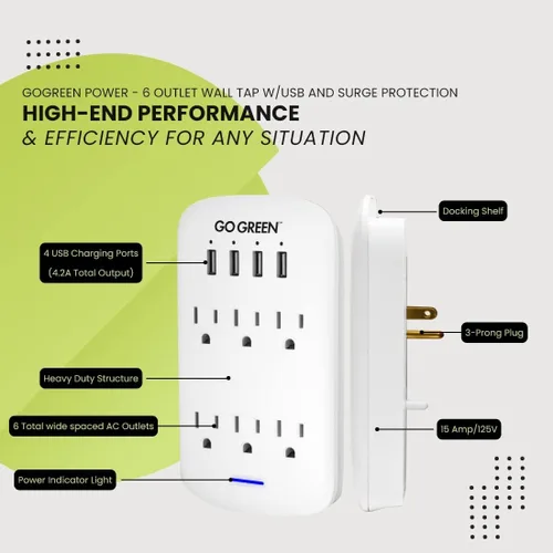 Vista 5 de GoGreen Power (GG-16000USB4) - Adaptador de enchufe de pared USB de 6 tomas de corriente de 2.4 amperios con puertos USB y protección contra