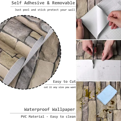 Vista 7 de Abyssaly Papel Tapiz de Piedra Papel Tapiz de Ladrillo Despegar y Pegar Respaldo de Piedra Autoadhesivo Removible Envolturas de Vinilo Gris Ladrillo