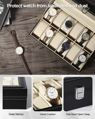 Vista 4 de Uten Organizador de relojes, caja de poliuretano con 12 ranuras y tapa de cristal, regalo del día de San Valentín, caja de exhibición de reloj