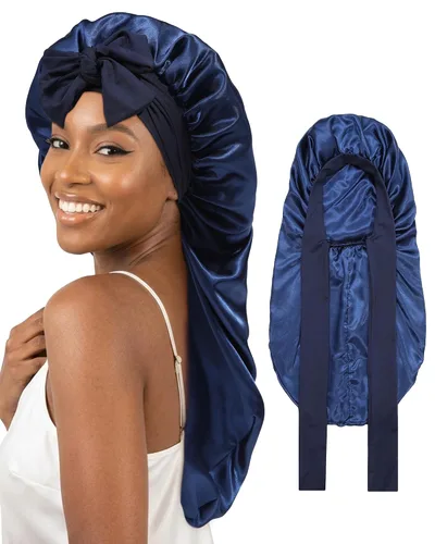 Vista 9 de AWAYTR Gorro largo de satén para mujer, gorro de seda elástica de doble capa para trenzas, gorro de dormir con banda de amarre (negro)