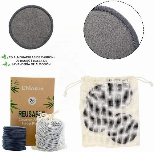 Vista 2 de Chloven Paquete de 25 almohadillas de bambú reutilizables para desmaquillarse de carbón, almohadillas de algodón reutilizables de bambú para tóner