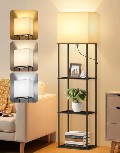 Vista 9 de OUTON Floor Lamp with Shelves, Modern Square Standing Shelf Lamp, Black Black & Square