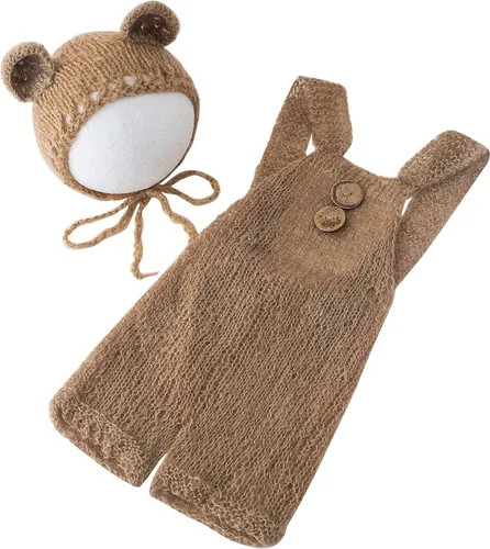Vista 3 de Vemonllas Accesorios de fotografía para recién nacidos, trajes para niños y niñas, gorro de oso mohair y con pantalones de tirantes, accesorios