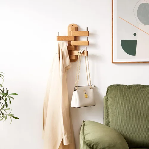 Vista 7 de Perchero giratorio de roble con ganchos para abrigos, ganchos de pared de madera con 5 brazos plegables giratorios, perchero de pared de 30 cm