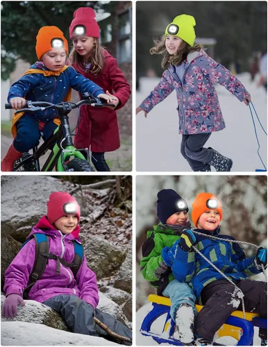 Vista 5 de MELASA Gorro con luz para niños,Sombrero de faro LED manos libres recargable por USB, gorro de invierno de punto con linterna