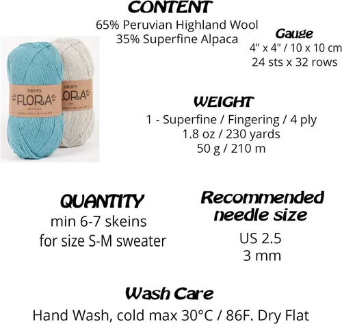 Vista 2 de 65% lana 35% hilo de alpaca, Drops Flora, 1 o superfino, peso de dedos, 4 capas, 1.8 onzas, 230 yardas por bola (01 blanco apagado)