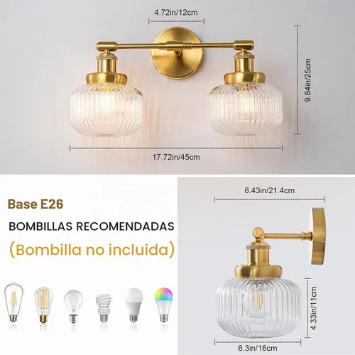 Vista 2 de foucasal Lámpara de tocador de 2 luces, aplique de pared industrial con pantalla de globo rayado transparente, luz de baño para dormitorio, sala