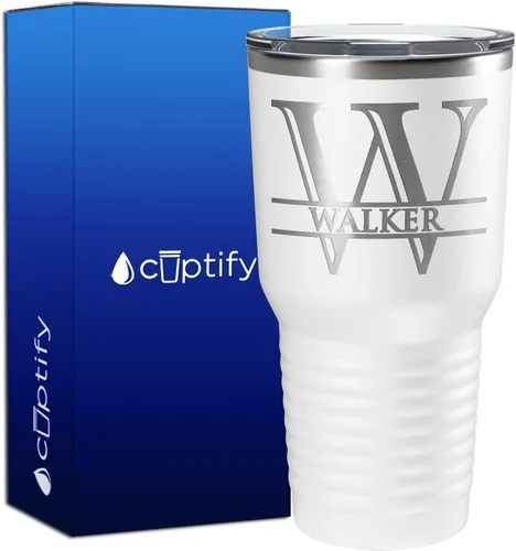 Vista 127 de Vaso personalizado de regalo de cumpleaños para mujeres y hombres, con monograma de escritura dividida, inicial y nombre grabado en negro, taza