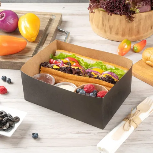 Vista 4 de Restaurantware Bio Tek - Bandejas de hamburguesas de 8.4 x 6 x 3.5 pulgadas, 100 bandejas de papel desechables para alimentos, bandejas de papel
