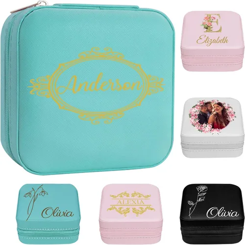 Vista 21 de Joyero personalizado para regalos de dama de honor, flor de nacimiento, inicial, joyería de viaje personalizada para mujeres, organizador de joyas