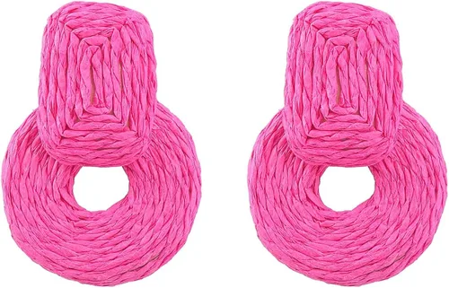 Vista 5 de Juego de 3 pares de aretes colgantes de rafia, estilo bohemio, colorido de flores, redondos, cuadrados, de ratán, para verano, playa, hechos a mano