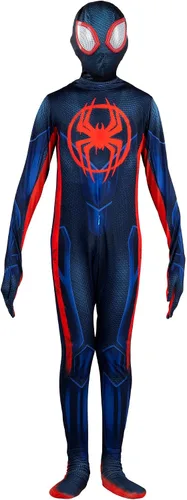 Vista 3 de Marvel Miles Morales - Traje Zentai oficial para jóvenes, overol de elastano con diseño impreso y máscara de elastano desmontable con ojos