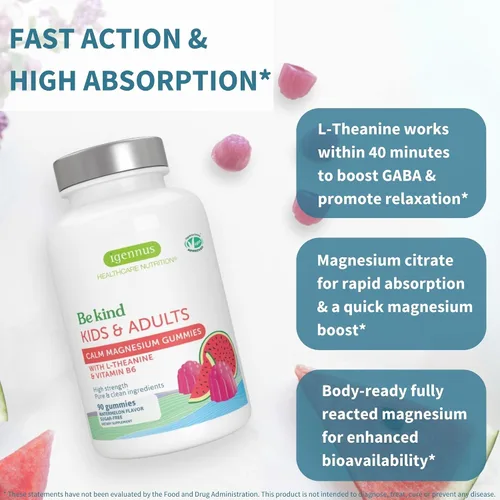 Vista 3 de Igennus - Gomitas de magnesio calmantes de alta potencia de 60 mg, L-teanina 100 mg y vitamina B6 3 mg, apoyo diario para el estrés para niños