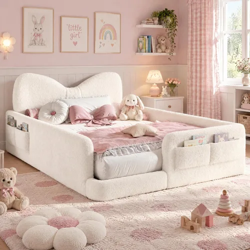 Vista 26 de Cama de suelo tapizada de tamaño matrimonial con valla y bolsillos, cama de Cama de suelo tapizada de tamaño matrimonial con listones y cabecero