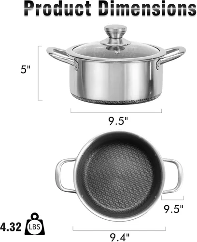 Vista 2 de AuFranc™ Olla híbrida antiadherente de acero inoxidable de 6 cuartos de galón con tapa de vidrio, olla de inducción con tallado de panal, olla