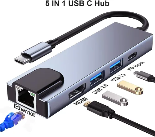 Vista 2 de QCEs Adaptador multipuerto USB C, 5 en 1 USB C a Ethernet HDMI Hub con puerto HDMI Ethernet, puerto USB3.0/2.0, carga PD compatible con MacBook
