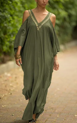 Vista 2 de Women's Cover up Casual V Neck Golden Edge Swimsuit Cover Up Off Shoulder Beach Casual Caftan Dress