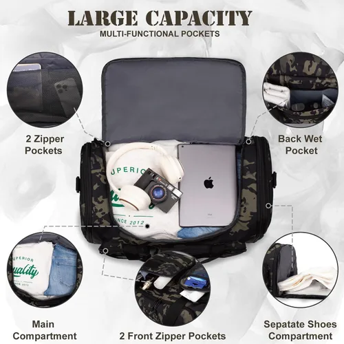 Vista 3 de Bolsa de lona táctica para viajes, expandible de 52 litros, bolsa de lona grande para hombre, bolsa de lona para gimnasio con bolsillo húmedo