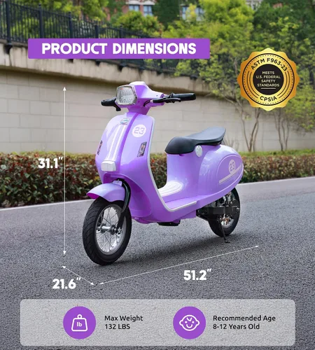 Vista 2 de Motocicleta para niños, motocicleta eléctrica de 2 ruedas para niñas de 8 a 14 años, juguetes de paseo de 24 V con música, historia, faro, 3 Morado