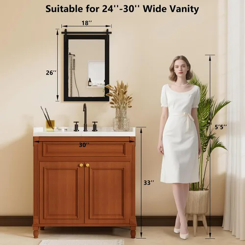 Vista 9 de Espejo Negro de Granja para Pared, Espejos Cuadrados de Baño con Marco de Madera de 18x26 Pulgadas para Tocador, Espejos Estilo Puerta de Granero