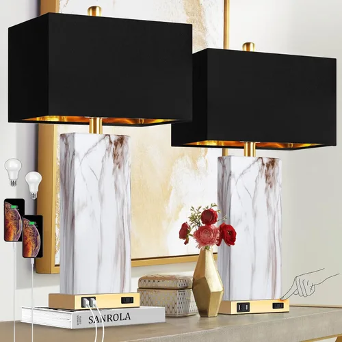Vista 9 de Juego de 2 lámparas de mesa con control táctil, modernas lámparas de noche de cerámica con 2 puertos USB y 1 enchufe de CA, lámparas de mesita de 3