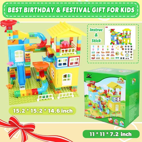 Vista 6 de Bloques de construcción de Marble Run con 6 bolas, 179 piezas de juguetes de construcción de castillo grande, juego de juguetes de construcción